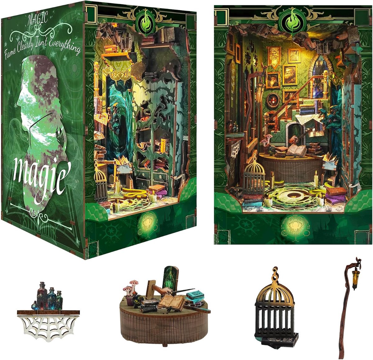 DIY Book Nook 3D Wooden Puzzle with LED Light, DIY Miniature Dollhouse Bookshelf Dollhouse for Adults Snake House - ShopVlot