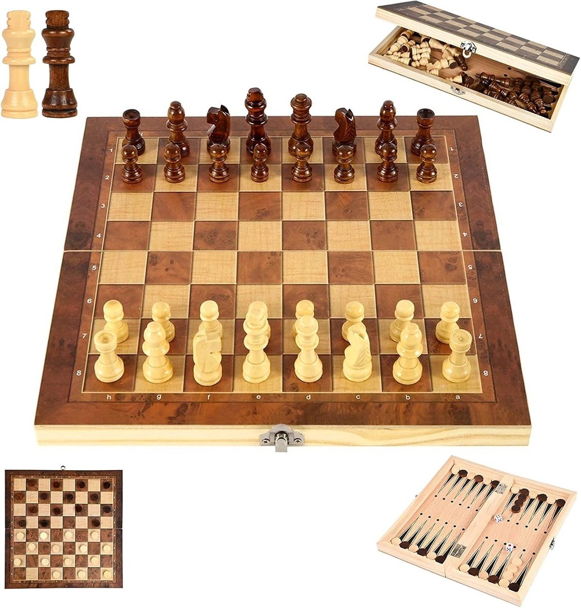 Schaakstenen - Hout - 39 x 39 cm - Opvouwbare 3-in-1 Schaakbordset met Backgammon en Dammen - Voor Kinderen en Volwassenen