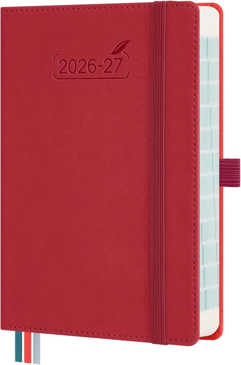 Schoolagenda 2026 2027 - Rood - 17 x 12 cm - PU Lederen Hardcover Dagplanner met Tijdlijn - Voor Studenten en Professionals
