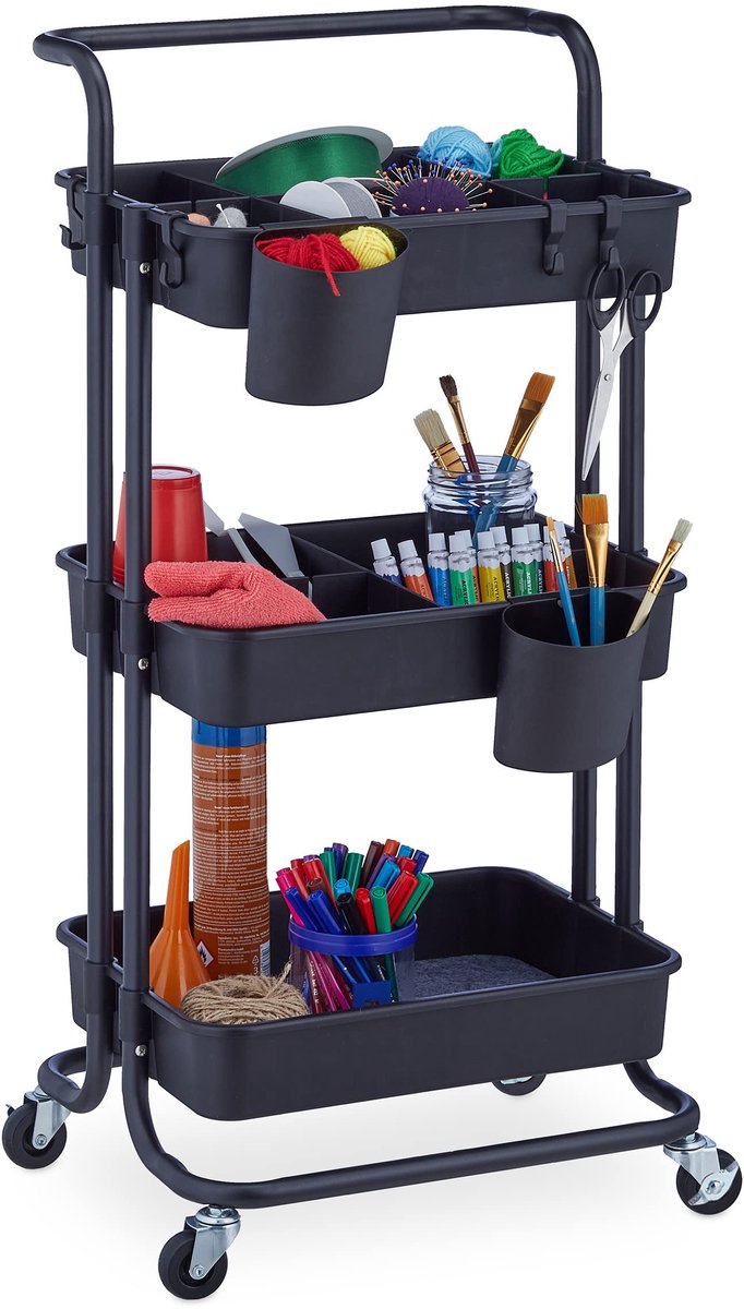 Famanu – Opbergtrolley met 3 etages en 2 remmen, trolley voor keuken, 86 x 43 x 42 cm, metaal en kunststof, zwart