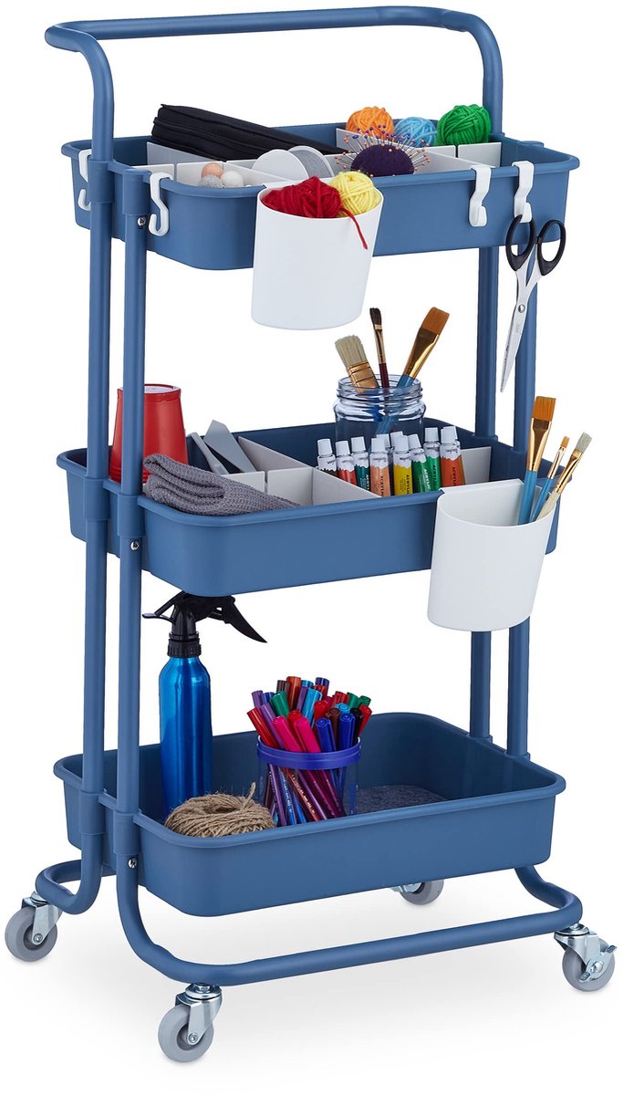 Famanu – Opbergtrolley met 3 lagen en 2 remmen, multifunctionele trolley voor keuken, 86 x 43 x 42 cm, metaal en kunststof, blauw