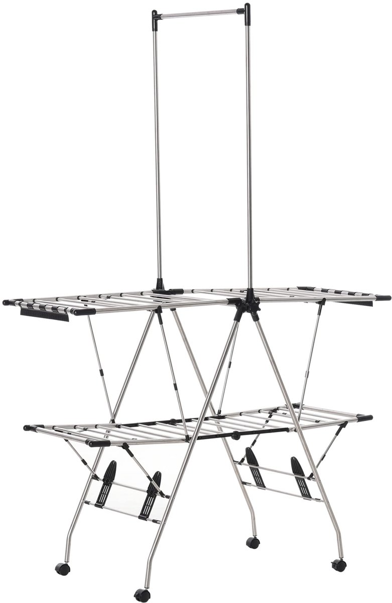 Famanu – Opvouwbaar wasrek van 138,5 x 63 x 208 cm, zilver en zwart, ideaal voor het drogen van kleding