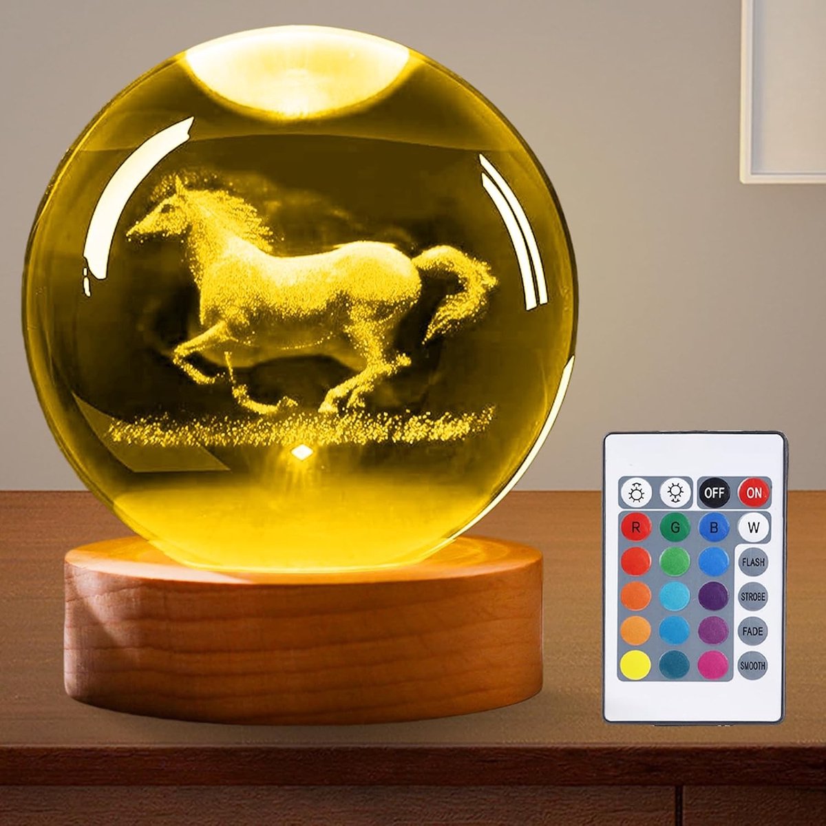 Kristallen Bol Nachtlampje - Helder - 8 x 8 x 8 cm - 3D Glazen Bol met Houten Sokkel - Voor Slaapkamer en Decoratie