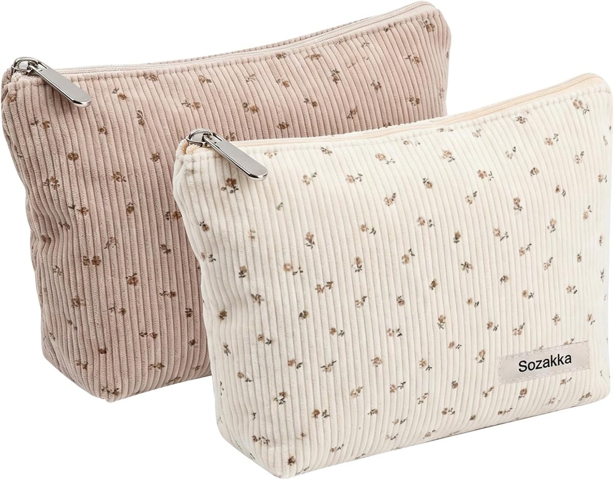 Necessaire Women's Cosmetic Bag Medium Size 2 Pieces Corduroy Portable Cosmetic Organizer for Travel and Daily Use - ShopVlot