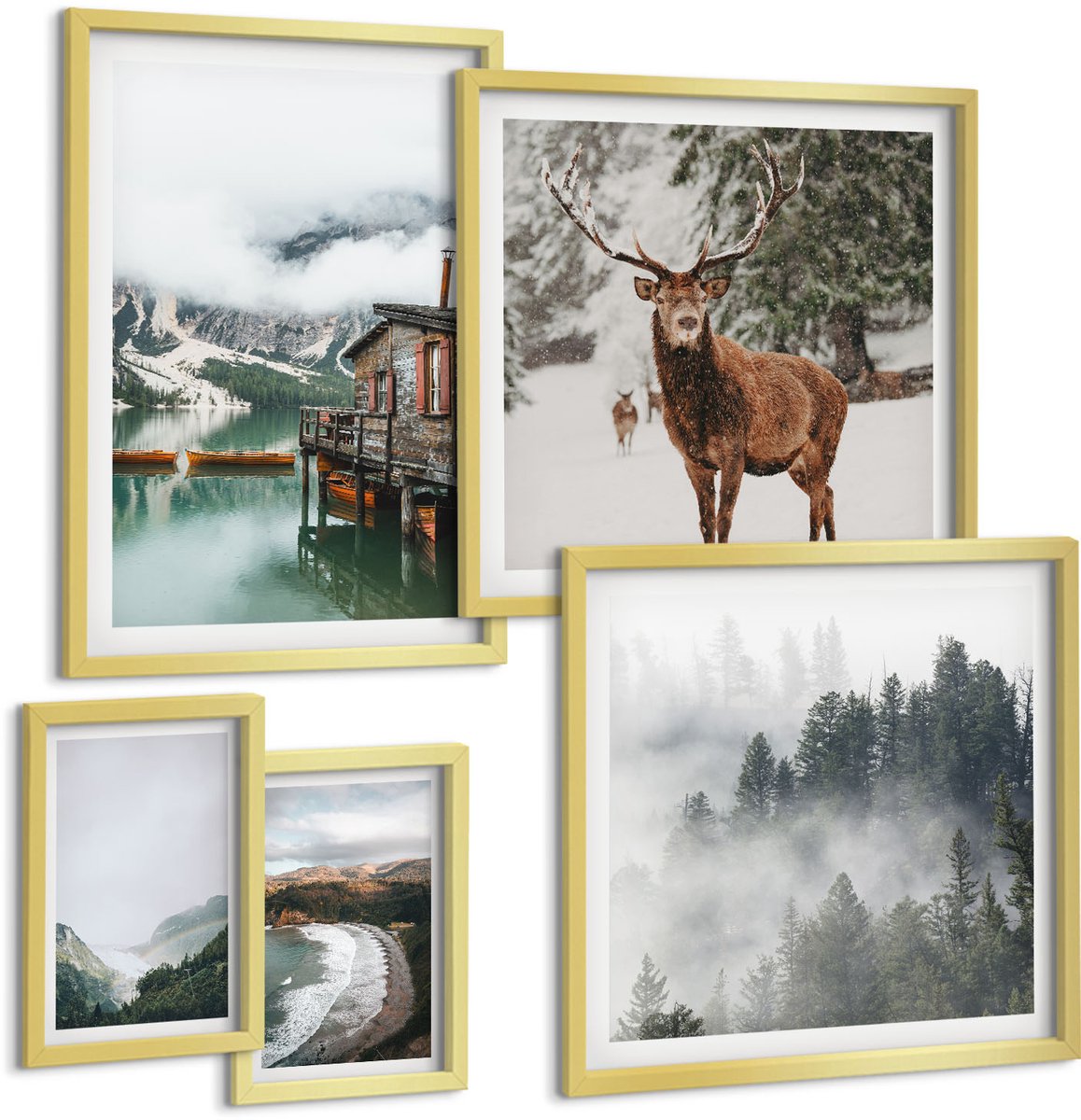 TULUP 5-Delige Schilderij Set - Natuur en dieren in berglandschappen - 50 x 50 cm, 20 x 30 cm en 40 x 60 cm - Muurdecoratie - Interieur Decoratie Gouden lijst