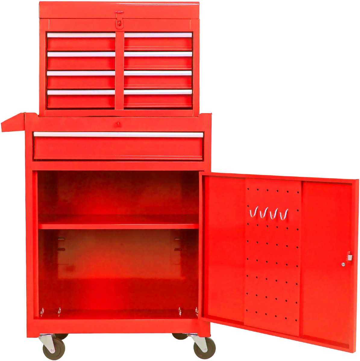 REDOM - Gereedschapskast met 5 lades - Met 4 wielen en verstelbare plank - Deur met ophanghaken - Staal - Garage en werkplaats