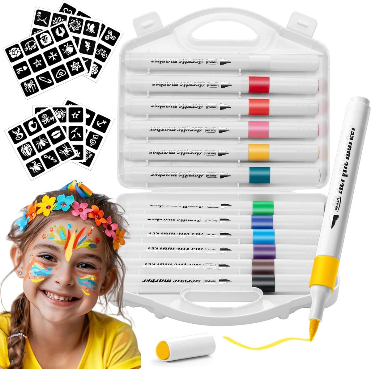 12 Colors Acrylic Paint Pens Markers + Tattoo Stencils Kit, Flexible Brush Premium Drawing Markers for Wood, Canvas - ShopVlot