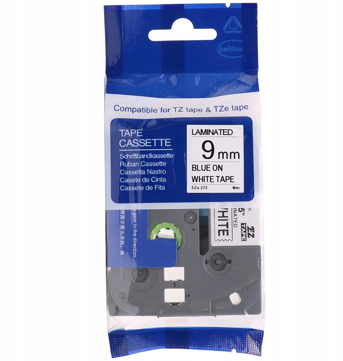 Brother TZe-223 Laminatietape 9mm Wit Blauwe Opdruk - Geschikt voor P-Touch