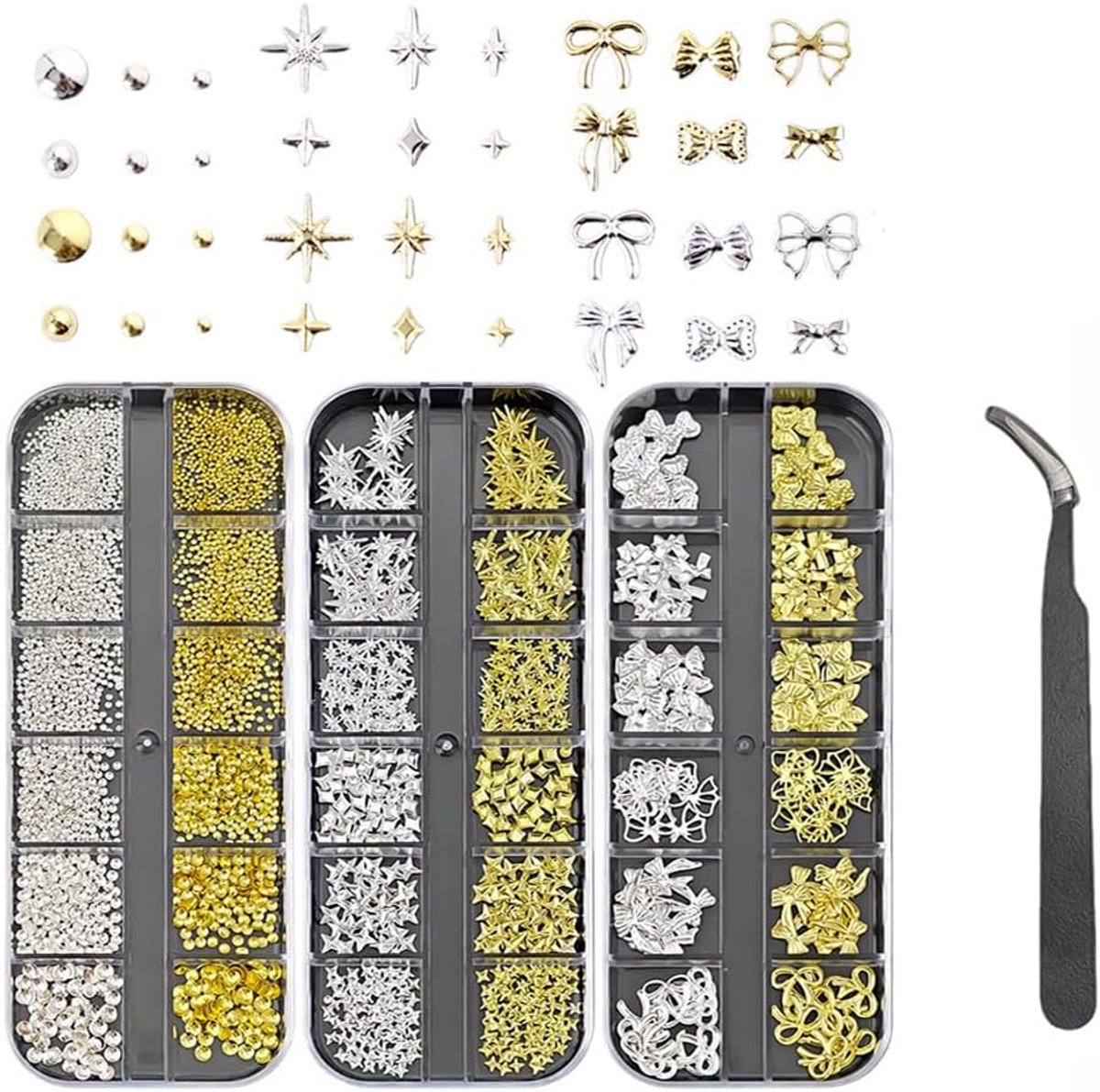 3 dozen nagelbedels set 36 soorten nagelbedels goud zilver met pincet - ShopVlot