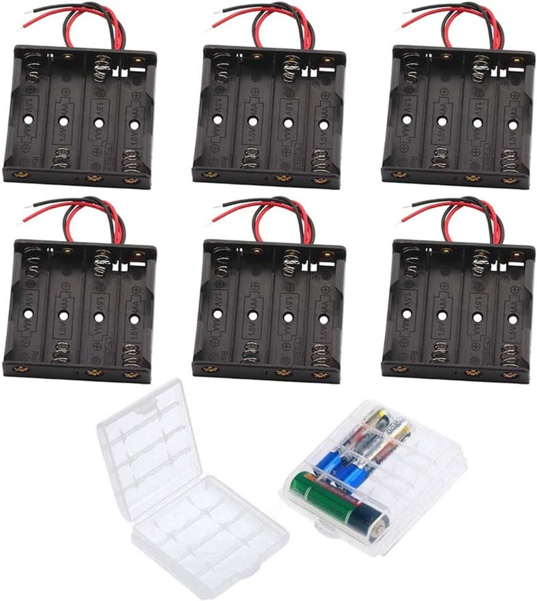 AA-batterijhouder 4 slots - zwarte plastic batterijdoos met draad - batterijhouder met pin - ShopVlot