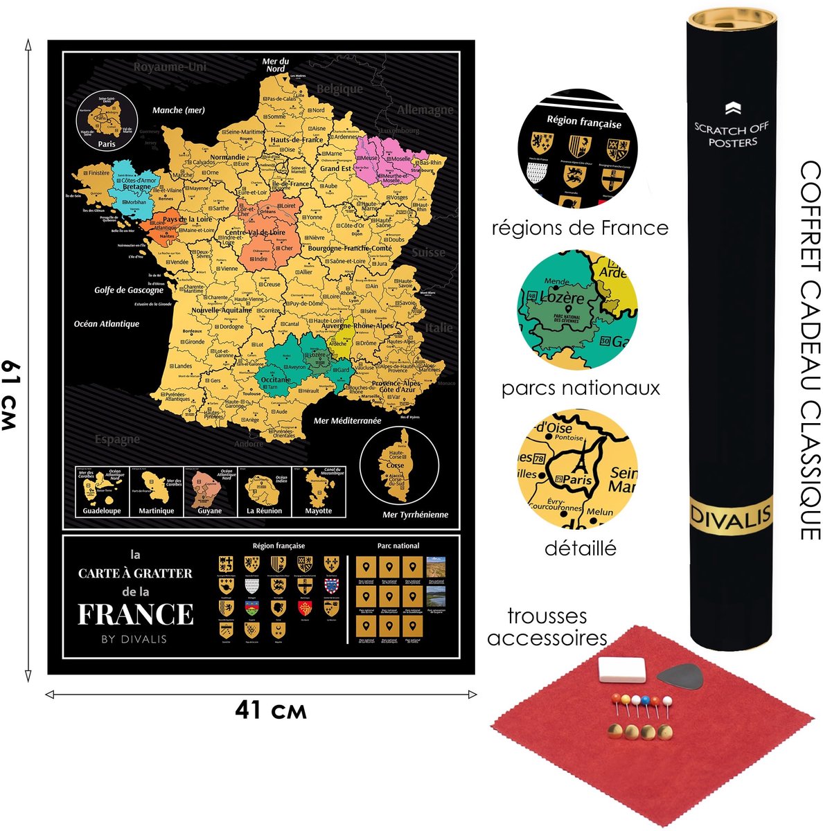 Kras kaart van Frankrijk - Kras poster met afdelingen - Reis kaart Frankrijk - Ontdek en markeer je reizen - ShopVlot