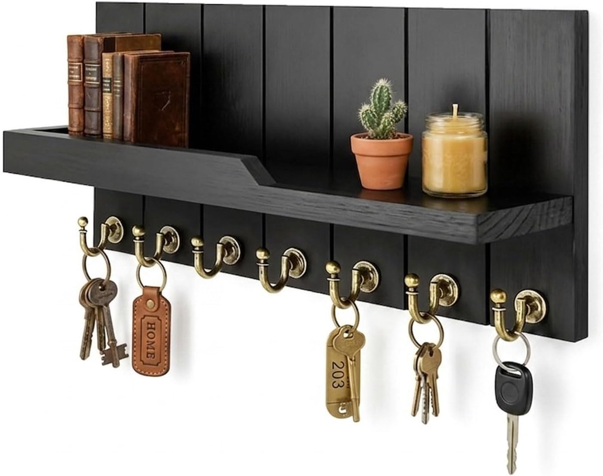 Sleutelrek met plank en 7 haken - houten sleutelhouder - modern design - altijd overzichtelijk - ShopVlot