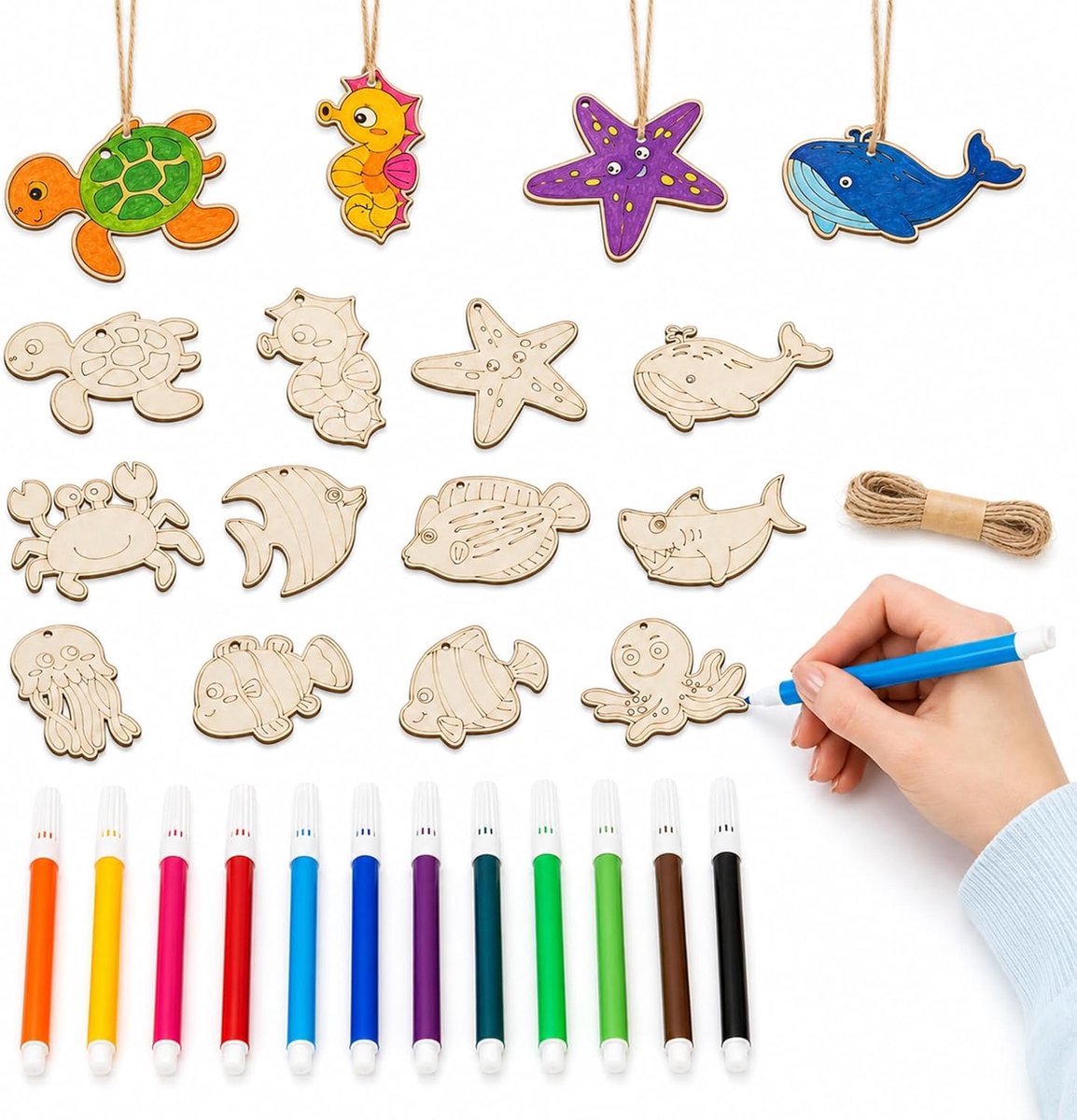Houten schilderset zee-motieven - 24-delige set - met aquarelstiften en ophangkoorden - ShopVlot
