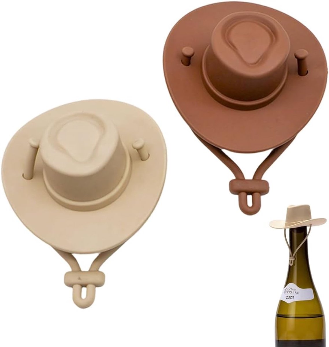 Wijnstopper Cowboyhoed 2 Stuks - Kaki en Bruin - Herbruikbare Flessenstopper - Perfect voor Feesten - ShopVlot