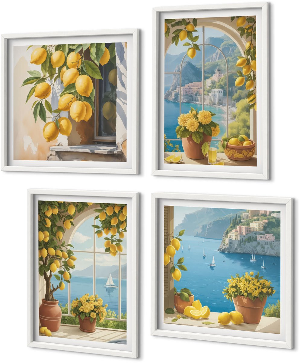 Coloray 4-Delige Schilderij Set - Zeegezichten Met Italiaanse Citroenen In De Ramen. - 40 x 40 En 40 x 60 - Moderne Wanddecoratie - Slaapkamer