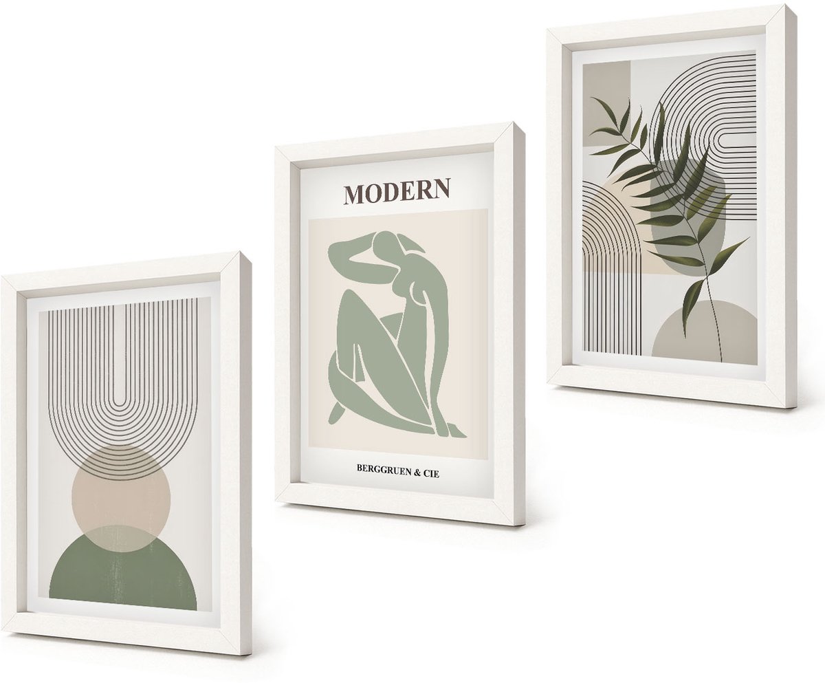 Coloray 3-Delige Schilderij Set - Stijlvolle afbeeldingen met abstracte vormen en planten. - 20x30 - Moderne Wanddecoratie - Woonkamer - Stijlvolle Muurdecoratie