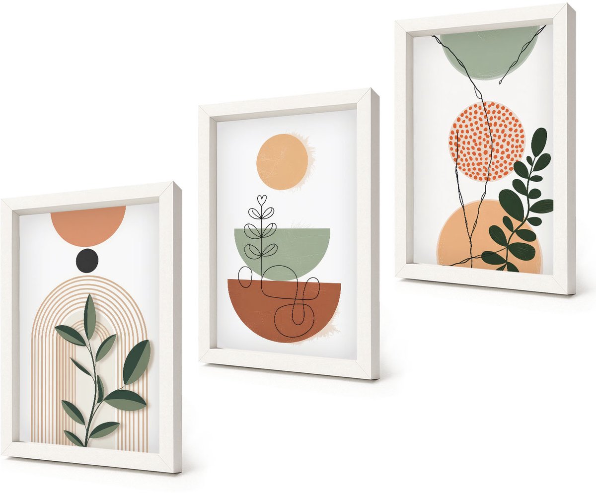 Coloray 3-Delige Schilderij Set - Abstracte vormen met kleurrijke plantmotieven - 20x30 - Moderne Wanddecoratie - Woonkamer
