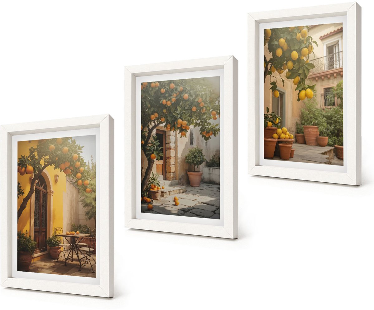 Coloray 3-Delige Schilderij Set - Zonnig terras met citrusbomen en potten. - 20x30 - Wanddecoratie - Moderne Interieurdecoratie - Muurdecoratie