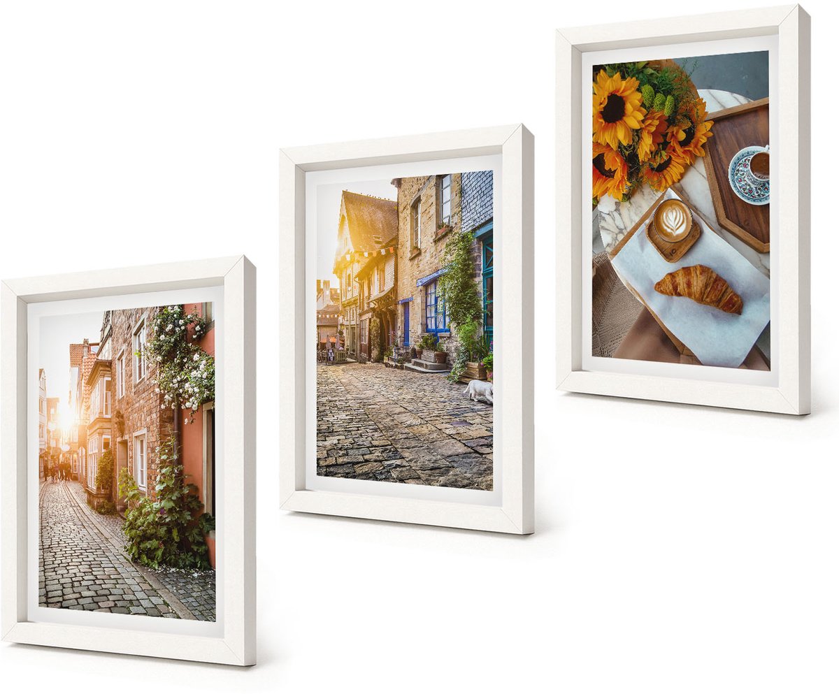 Coloray 3-Delige Schilderij Set - Sfeervolle straatjes met koffie en zonnebloemen - 20x30 - Muurdecoratie - Decoratieve Schilderijen - Wohnzimmer - Woonkamer Decoratie