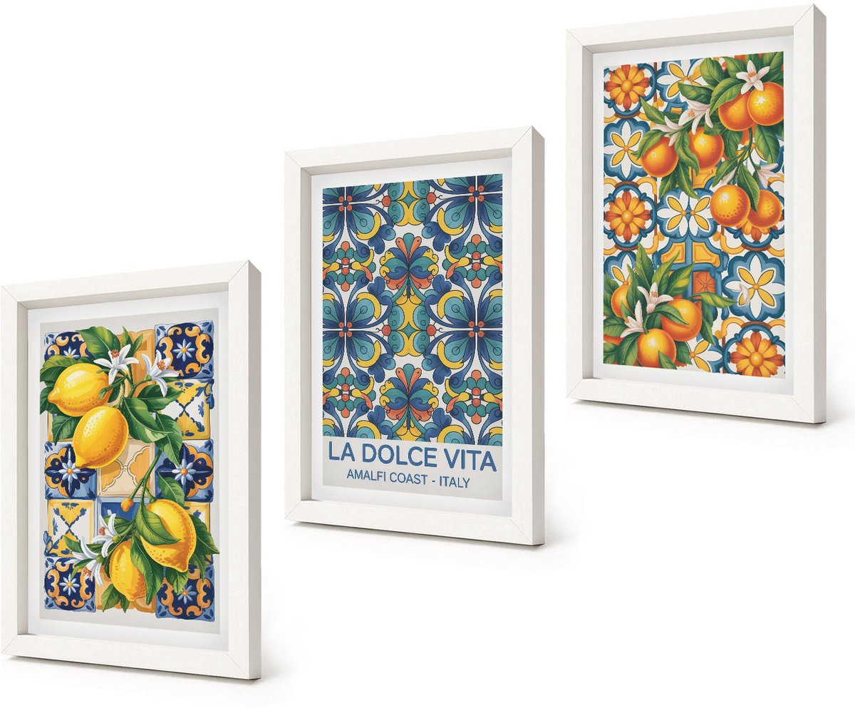 Coloray 3-Delige Schilderij Set - Citroen- en sinaasappelbloemen in kleurrijke patronen - 20x30 - Wanddecoratie - Muurdecoratie - Woonkamer - Moderne Wanddecoratie