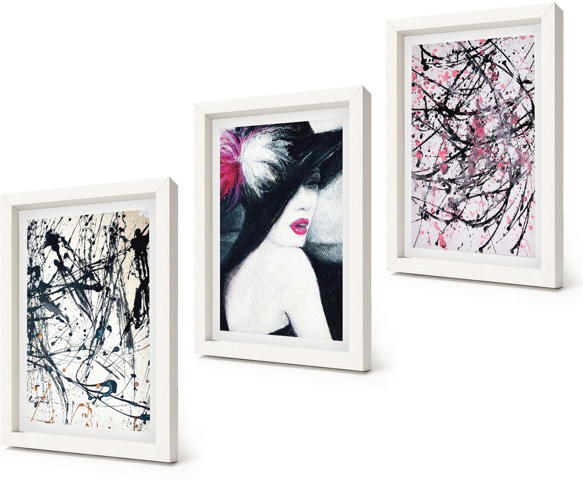 Coloray 3-Delige Schilderij Set - Abstracte verfpatronen Vrouw met hoed - 20x30 - Wanddecoratie - Woonkamer Decoratie - Muurdecoratie