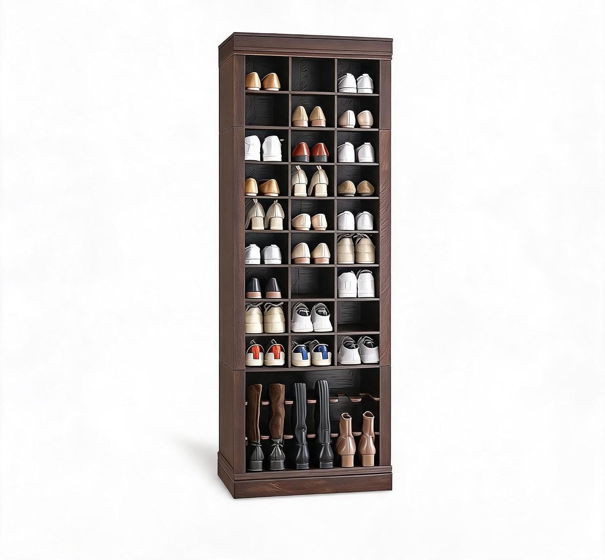 Hoge houten schoenenkast met 10 vakken – 30 vakjes voor 33 paar schoenen – Vrijstaand schoenenrek voor entree, hal, kast, woonkamer – Moderne opbergoplossing – Bruinrood