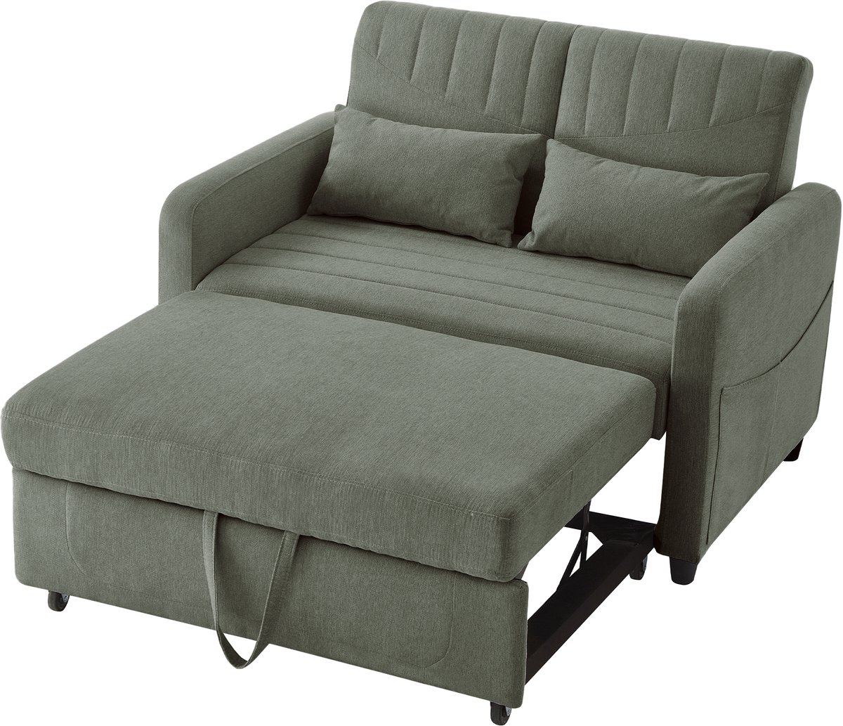 Slaapbank 2-zits met uittrekfunctie - 3-voudig verstelbare rugleuning - 2-persoons - Grijs - katoen-linnen bekleding - metalen rollers - incl. 2 multifunctionele kussens