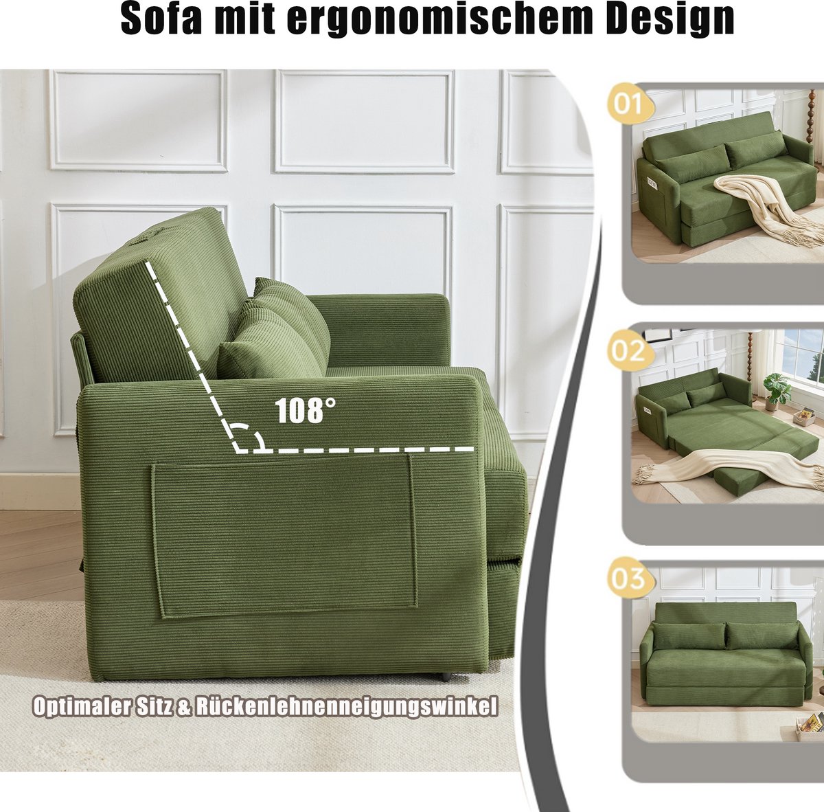Klapbare slaapbank 2-in-1 - voor kleine ruimtes - 2-zits 165x92 cm - Groen - corduroy bekleding met 2 lendenkussens en opbergvakken - compact vouwontwerp