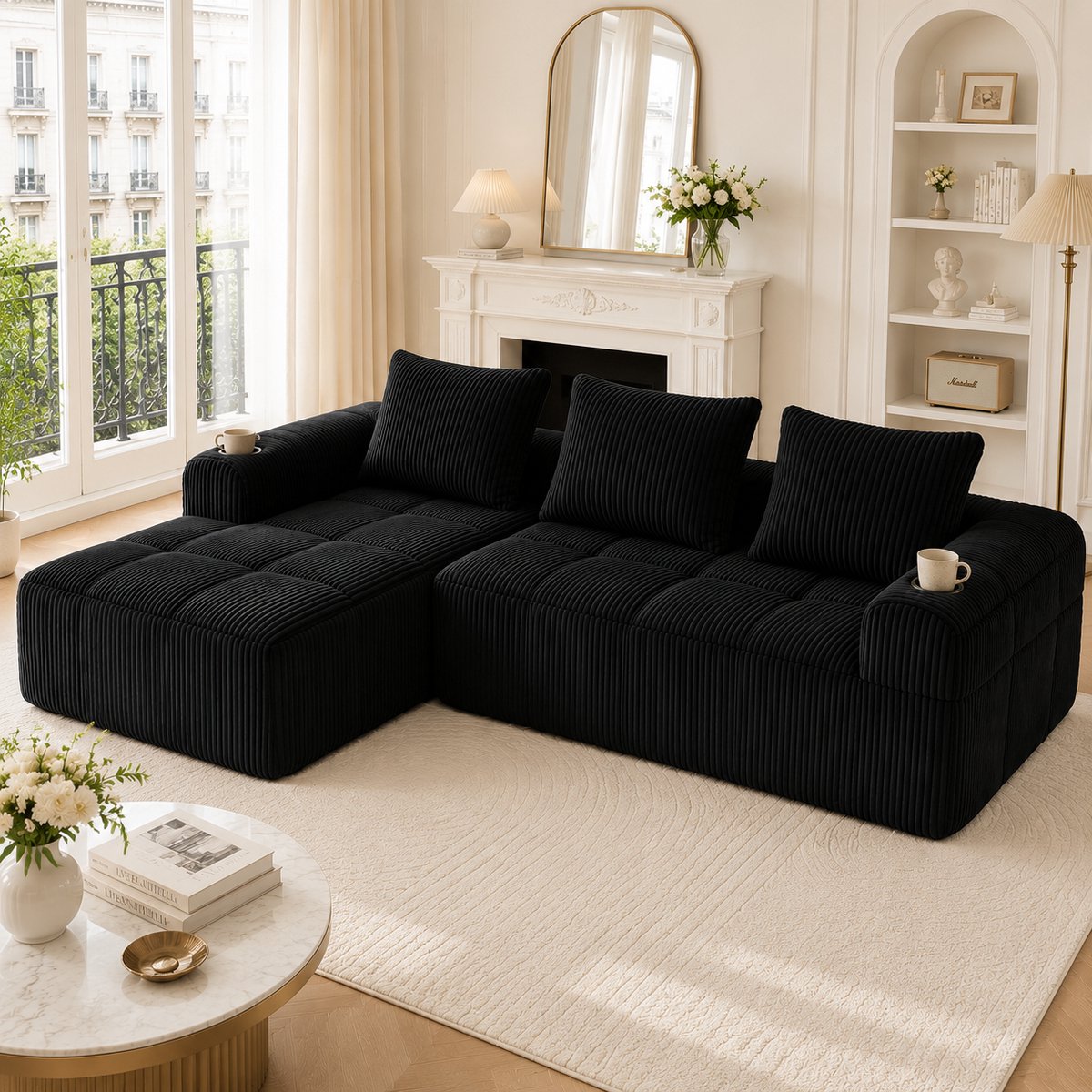 Compacte cord sofa met opbergvak en bekerhouder - zelf samen te stellen (modulair) - 2-3 persoons - Zwart - 3 kussens inbegrepen - hoogdicht schuim en veren voor zitcomfort - voor woonkamer en werkkamer