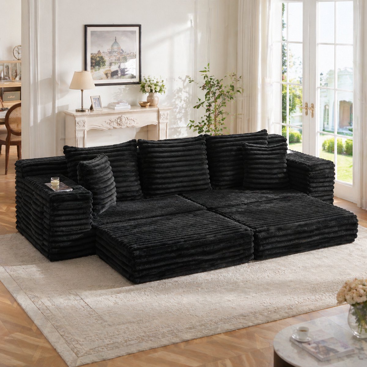 Corduroy compressiebank met slaapfunctie - Geschikt voor woonkamer, logeerbed - 3-zits - Zwart - Hoge rugleuning, extra kussens - Zijvakken en bekerhouders - Geen montage nodig