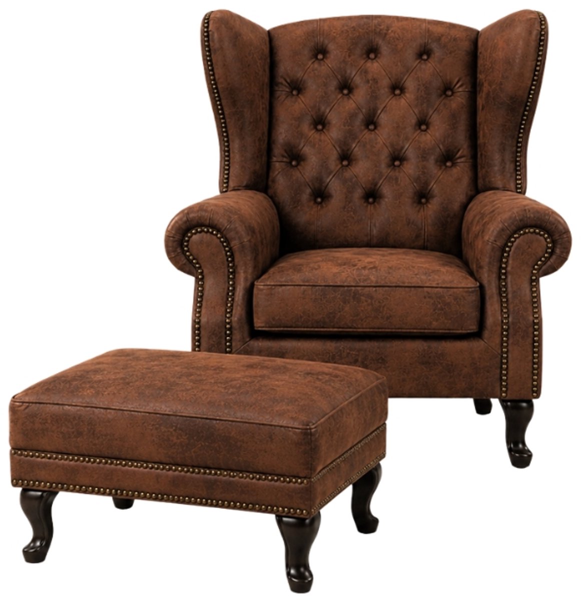 Chesterfield Fauteuil met Hocker - Vintage Bruin - Leer - Stoel Chesterfield - Arm Chair - Chesterfield Wing Chair - Set