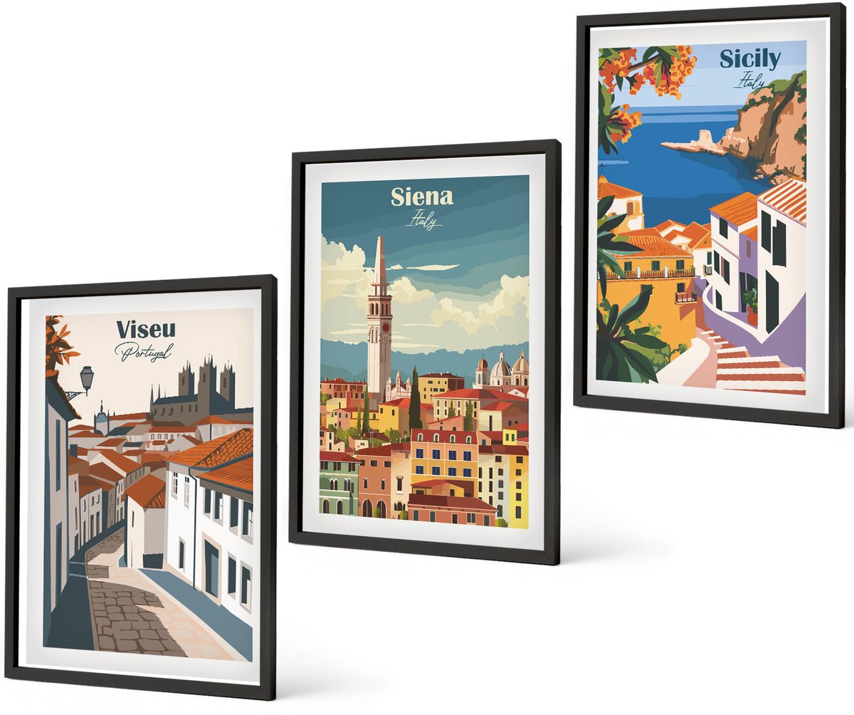 Coloray 3-Delige Schilderij Set - Retro-Illustraties Van Beroemde Steden Over De Hele Wereld - 40 x 60 cm - Decoratieve Muurdecoratie - Slaapkamer - Moderne Wanddecoratie
