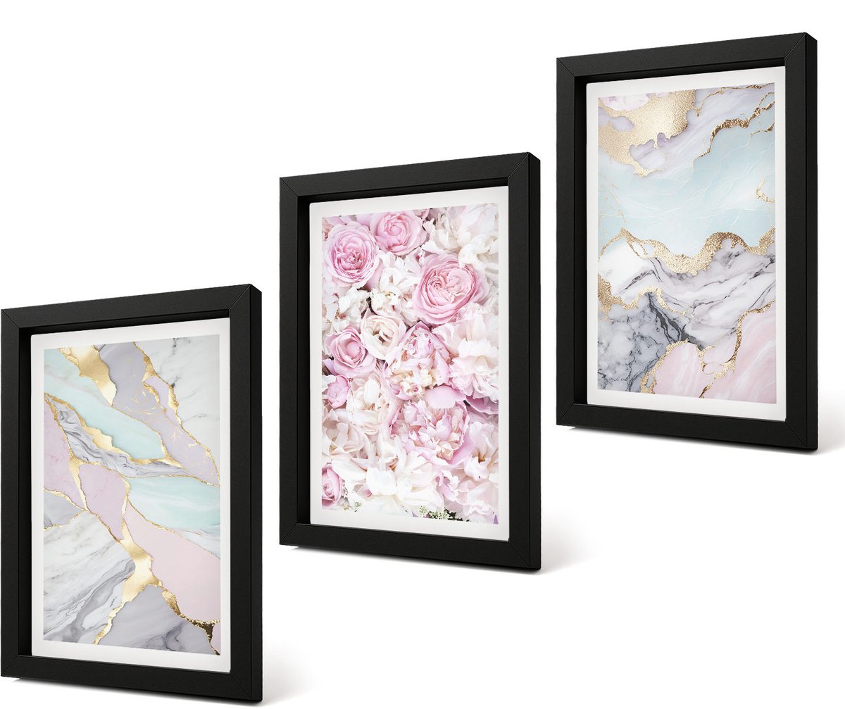 Coloray 4-Delige Schilderij Set - Roze bloemen met marmer- en pastelpatronen - 20 x 30 cm - Muurdecoratie - Schilderijen Set - Woonkamer - Wanddecoratie