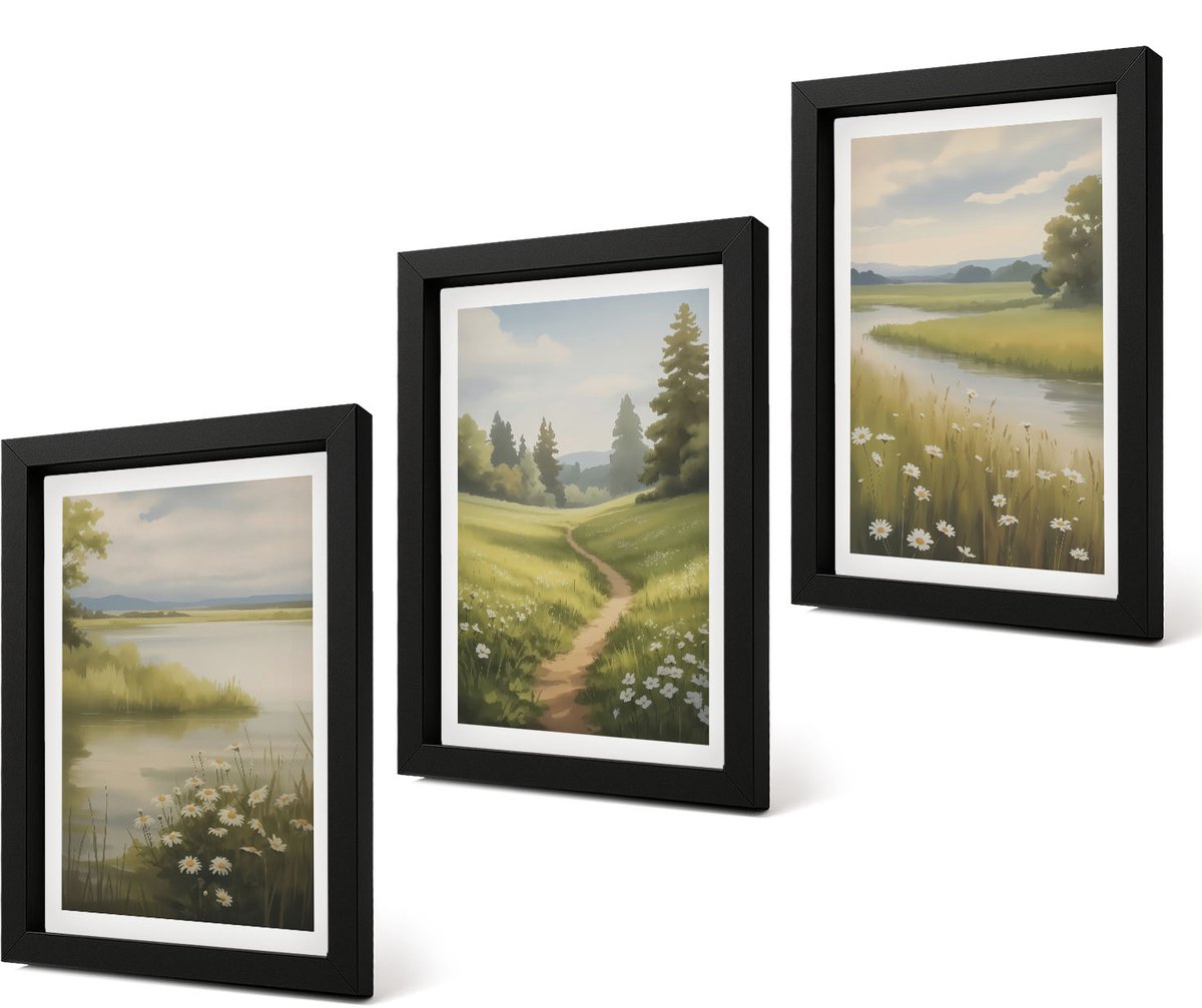 Coloray 4-Delige Schilderij Set - Lentelandschap met een rivier, pad en bloemenweide - 20 x 30 cm - Muurdecoratie - Wanddecoratie - Hal - Moderne Wanddecoratie