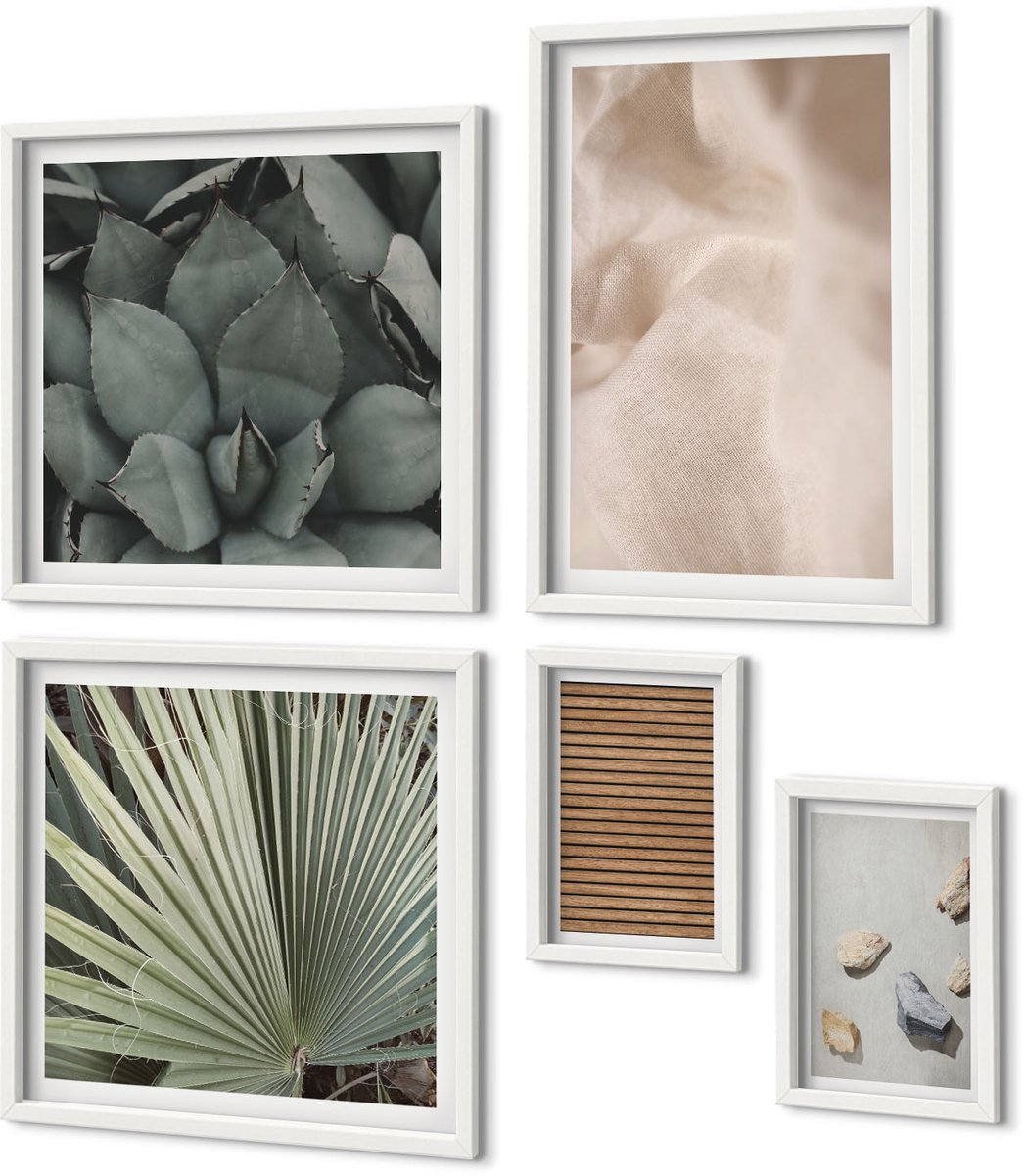 Coloray 5-Delige Schilderij Set - Stenen Hout Stof Diverse Texturen - 50 x 50 cm, 20 x 30 cm En 40 x 60 cm - Wanddecoratie - Moderne Interieurdecoratie - Muurdecoratie Witte lijst