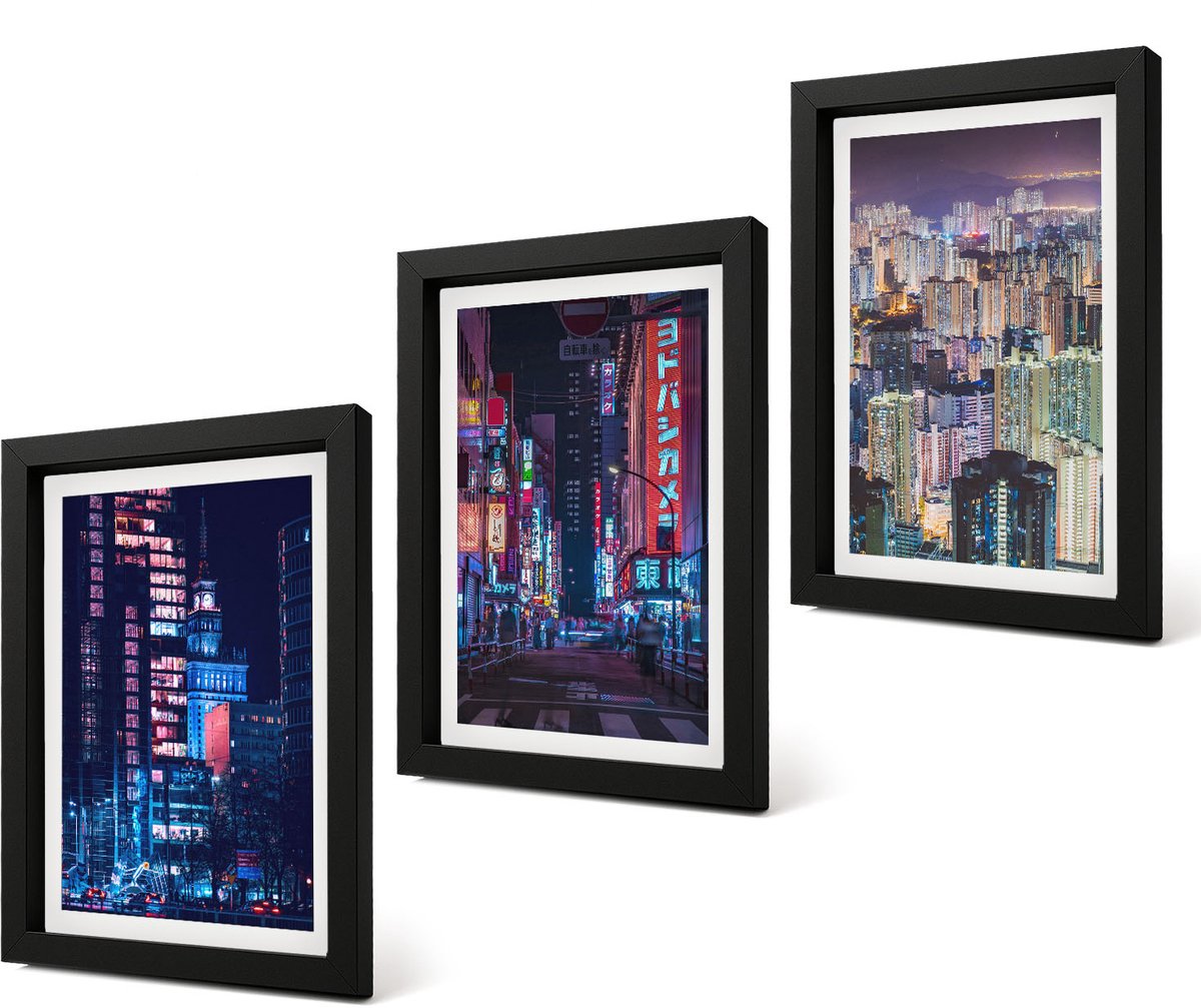 Coloray 4-Delige Schilderij Set - Nachtelijke stadsgezichten met neonlichten - 20 x 30 cm - Moderne Wanddecoratie - Slaapkamer - Interieur Decoratie