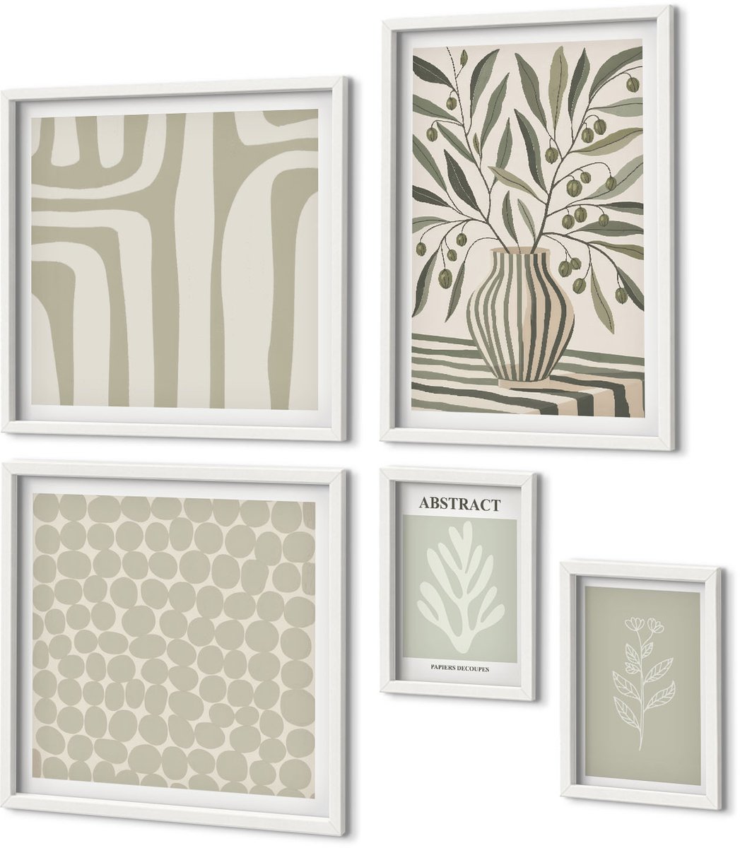 Coloray 5-Delige Schilderij Set - Bloemenmotieven In Scandinavische Stijl Met Verfijnde Patronen - 50 x 50 cm, 20 x 30 cm En 40 x 60 cm - Muurdecoratie - Schilderijen Set - Woonkamer - Wanddecoratie
