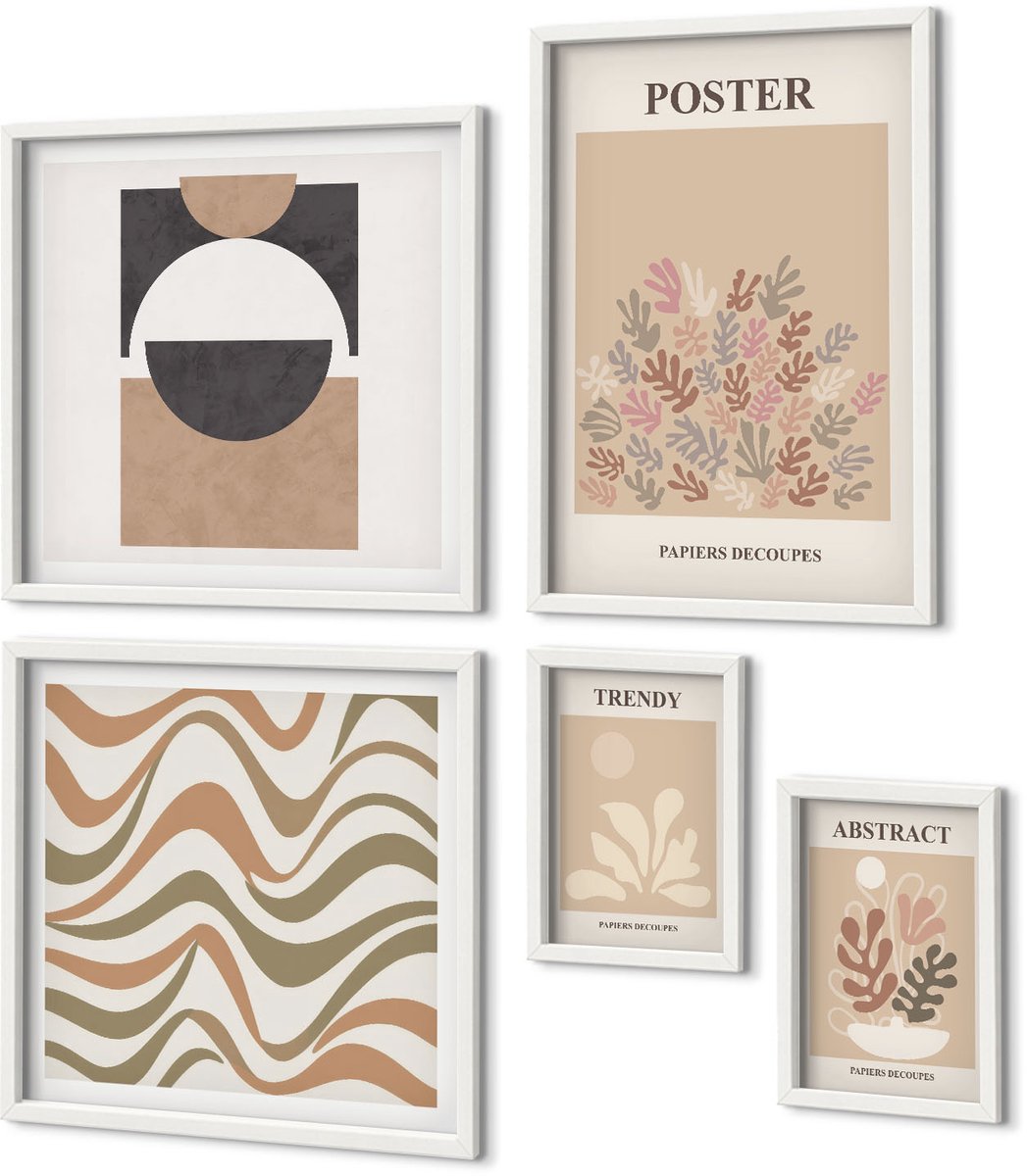 Coloray 5-Delige Schilderij Set - Stijlvolle Abstracte Plantenmotieven In Aardse Tinten - 50 x 50 cm, 20 x 30 cm En 40 x 60 cm - Decoratieve Schilderijen - Woonkamer - Interieur - Moderne Wanddecoratie