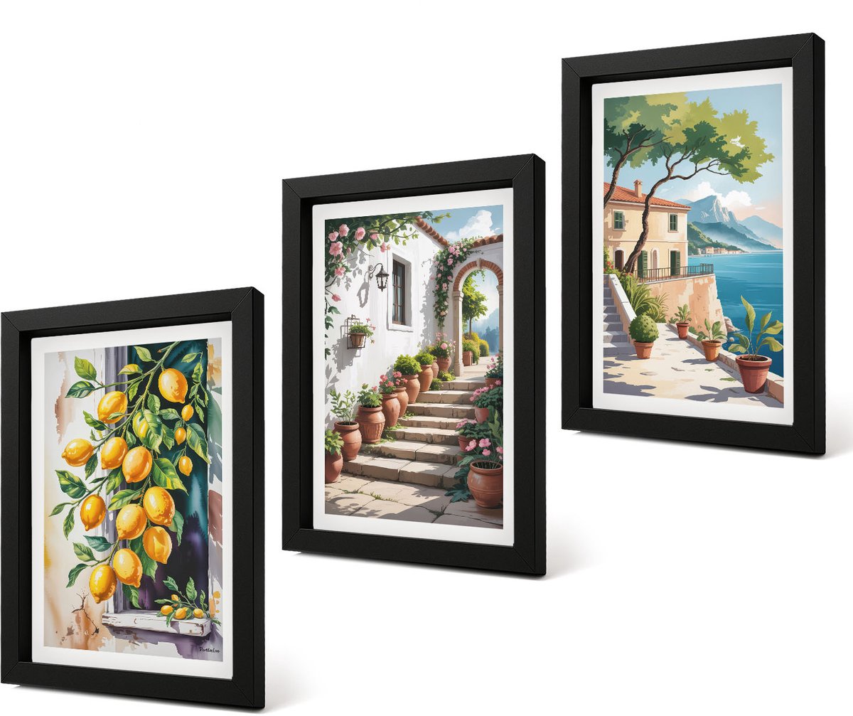 Coloray 4-Delige Schilderij Set - Citroenen tegen een achtergrond van bloemen en uitzicht op zee. - 20 x 30 cm - Wanddecoratie - Woonkamer Decoratie - Moderne Wanddecoratie