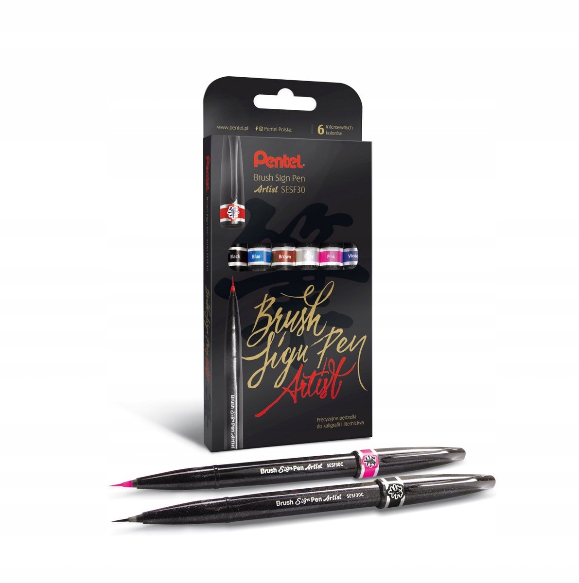 Pentel Brush Signpen ACENPV Markers, Set van 6 Stuks