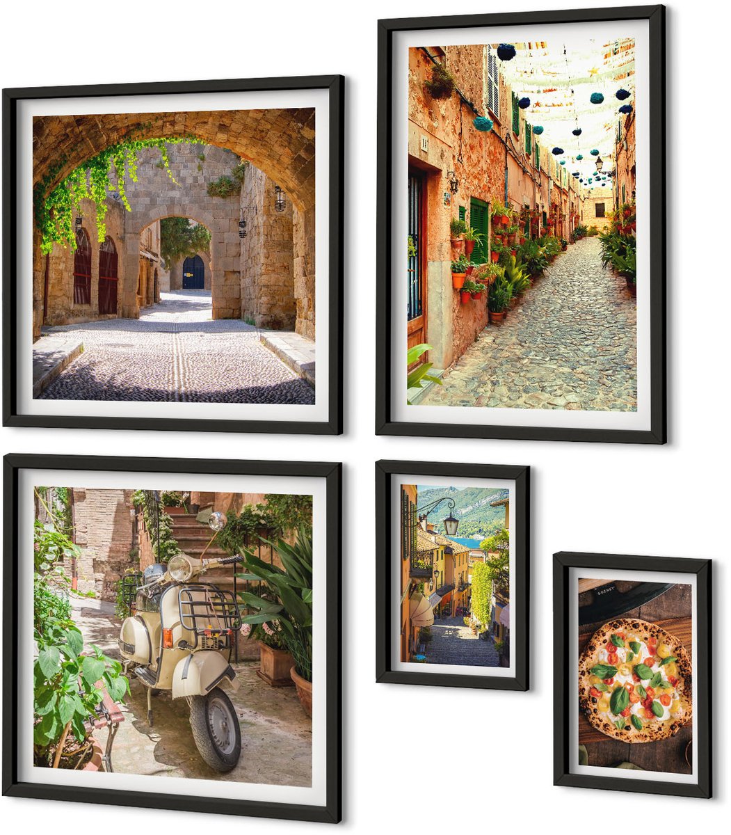 Coloray 5-Delige Schilderij Set - Sfeervolle Straatjes En Heerlijke Gerechten In Italiaanse Stijl. - 50 x 50 cm, 20 x 30 cm En 40 x 60 cm - Moderne Wanddecoratie - Slaapkamer - Interieur Decoratie Zwarte lijst