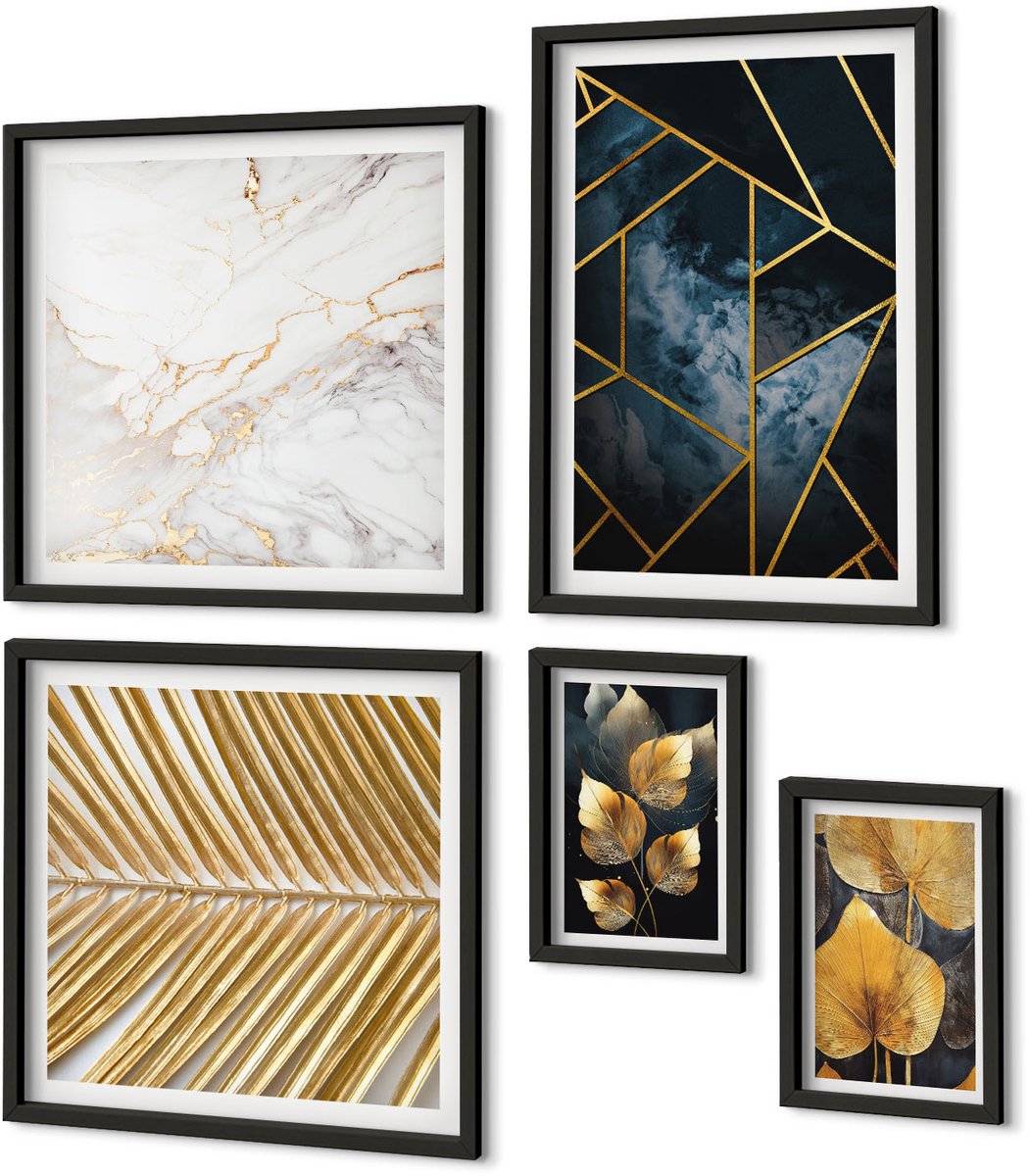 Coloray 5-Delige Schilderij Set - Stijlvolle Decoraties Met Bladmotieven En Geometrische Patronen. - 50 x 50 cm, 20 x 30 cm En 40 x 60 cm - Stijlvolle Muurdecoratie - Kantoor Zwarte lijst