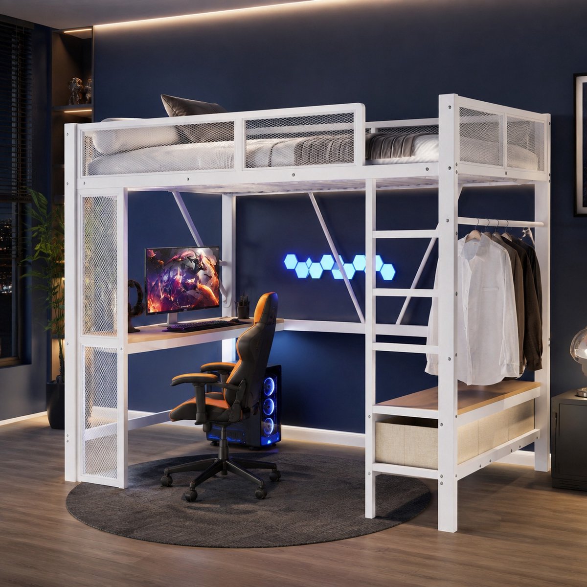 REDOM - Hoogslaper - Met bureau en opbergruimte - Met 3 lades en open kledingkast - Met LED-verlichting en USB - Modern - Slaapkamer - Metaal en MDF - Wit - 140 x 200 cm