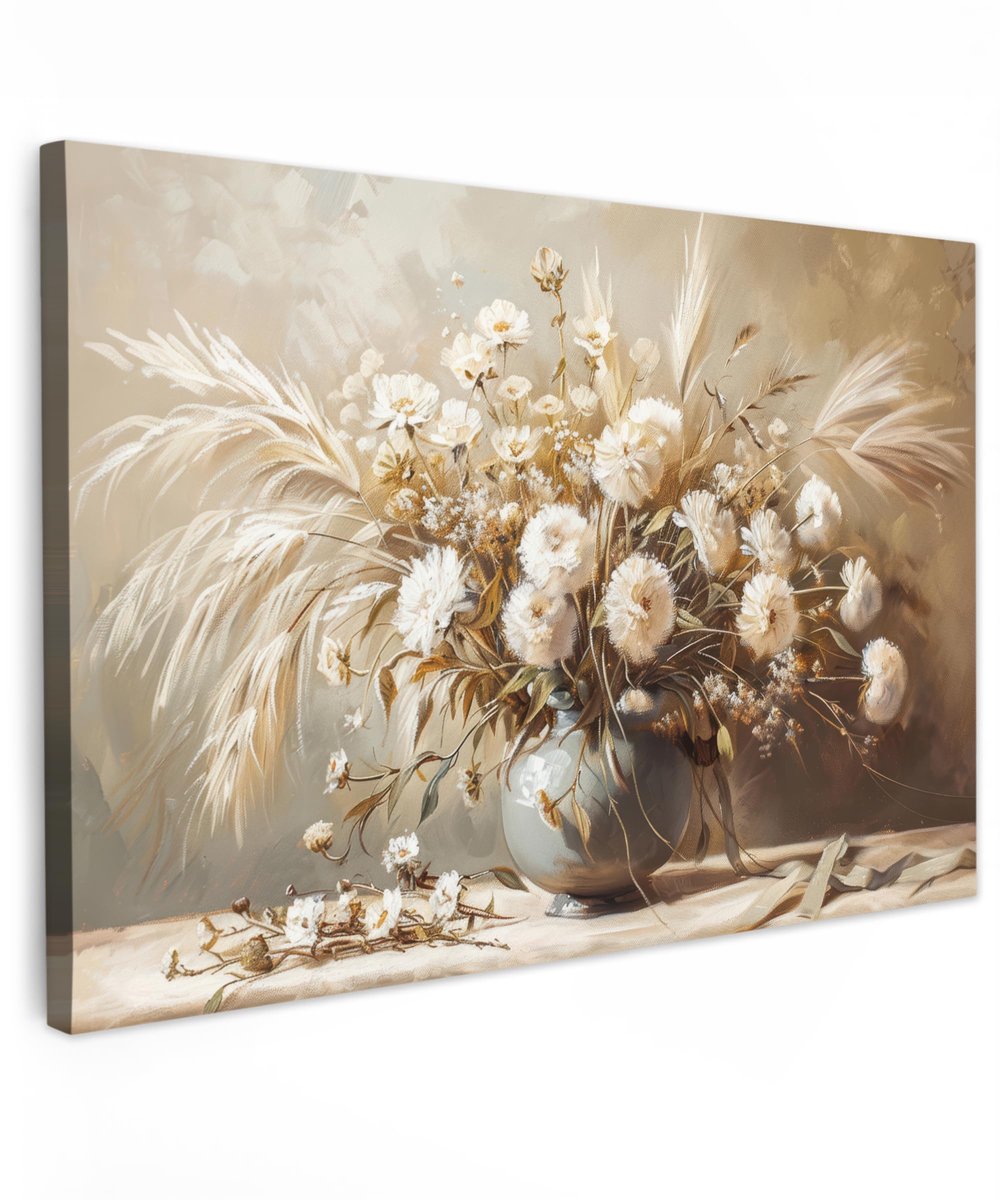 Famanu – Canvas schilderij van 120x80 cm, kamerdecoratie voor woonkamer en slaapkamer, wanddecoratie met bloemen en vaas in beige tinten