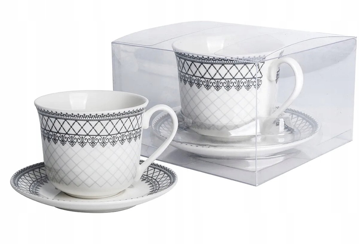Porseleinen Mok met Schotel - Zwart Ornament - 400ml