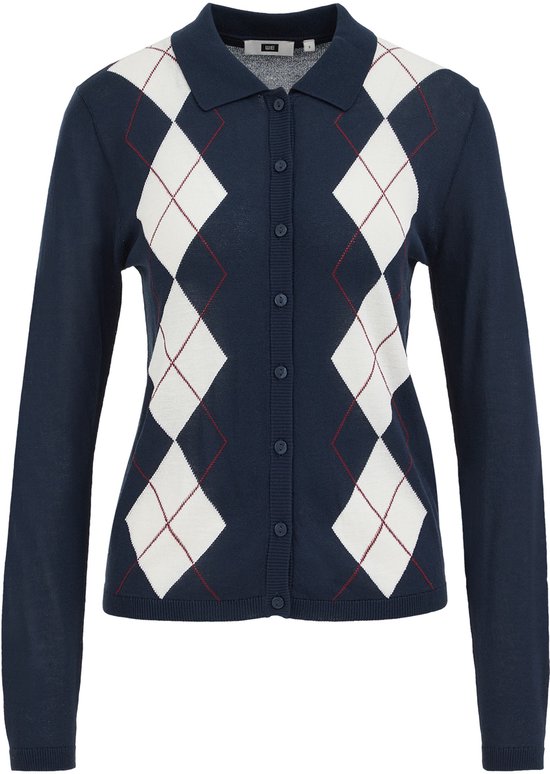 Blauw vest met witte ruiten en rode belijning, met kraag en knopen, plat gelegen.