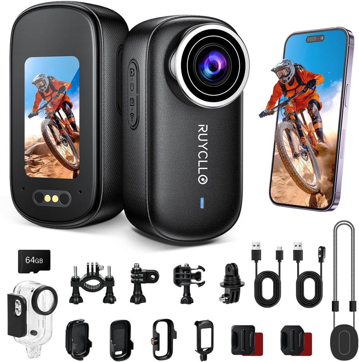 Ruycllo 4K Mini Body Camera - 64GB geheugenkaart, 6-assige EIS stabilisatie - ShopVlot