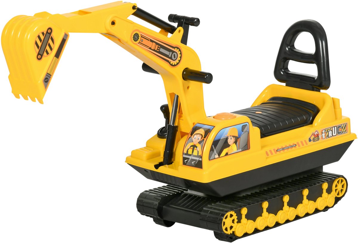 Duwauto kinderen duwer baby kindergraafmachine kinderauto met de graafmachine opbergbakje en luidspreker Draaifunctie zwart + geel, 18-48 maanden, 78 x 24 x 58.5 cm