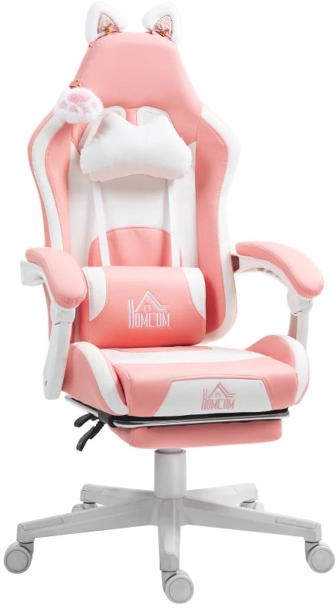 Ergonomische Gamingstoel met Kattenoortjes, Uitschuifbare Voetensteun - 135° Verstelbare Rugleuning - In Hoogte Verstelbaar - Relaxfauteuil - Bureaustoel - TV Stoel - Roze/Wit