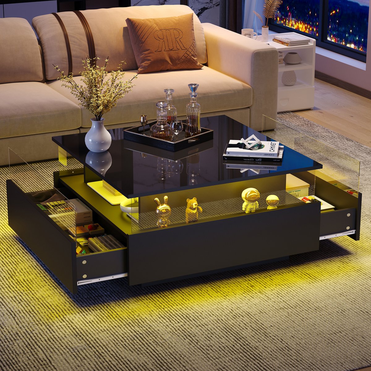 MUVANO Salontafel Hoogglans Zwart - Moderne Salontafel Met LED - Vierkante Salontafel - App Bediening - Transparante Vitrine - Opbergruimte - Woonkamer - 70x70x41cm - 2 Lades - Zwart